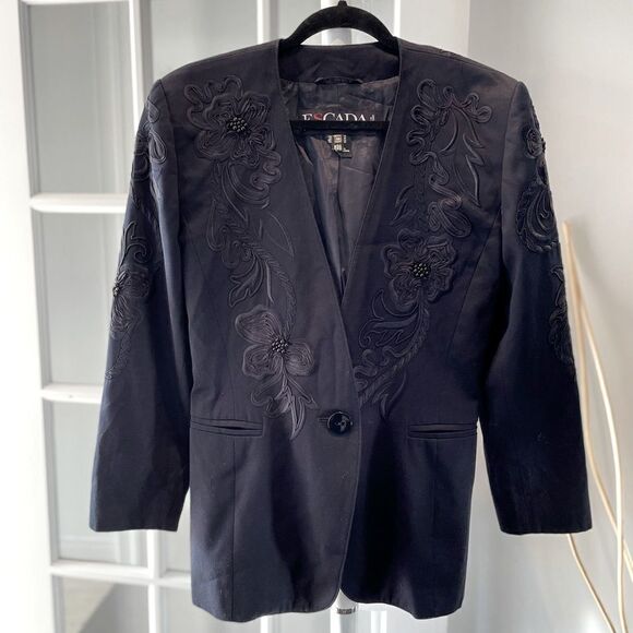 Vintage Escada  Navy Single  Button Floral Embroidered Blazer - Picture 8 of 16